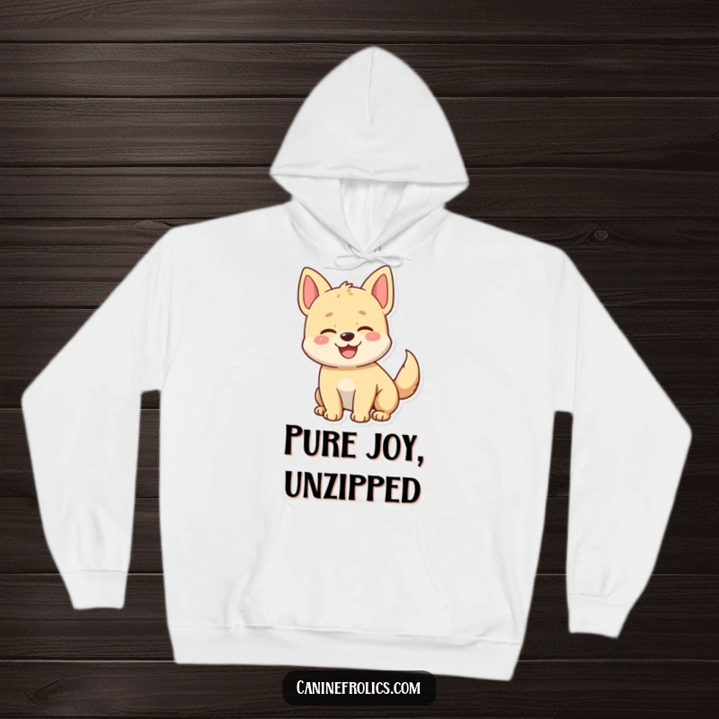 Funny hoodie design depicting a dog character in full tail-wagging ecstasy, symbolizing ultimate happiness and warmth.