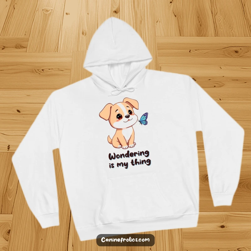 Funny dog hoodie depicting a character with floppy ears, curiously observing a butterfly, evoking a sense of peace and gentle fascination.