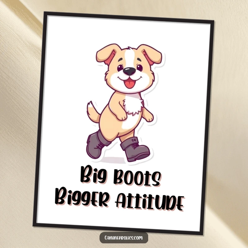 Funny Free Printable Wall Art: A dog looking dapper in oversized boots, confidently striding forward, humorous statement art.