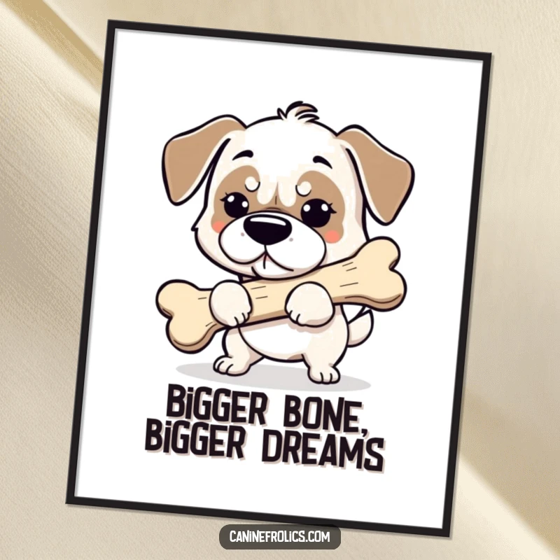Funny Free Printable Wall Art: A dog intensely focused on carrying a comically oversized bone, adding humor to decor.