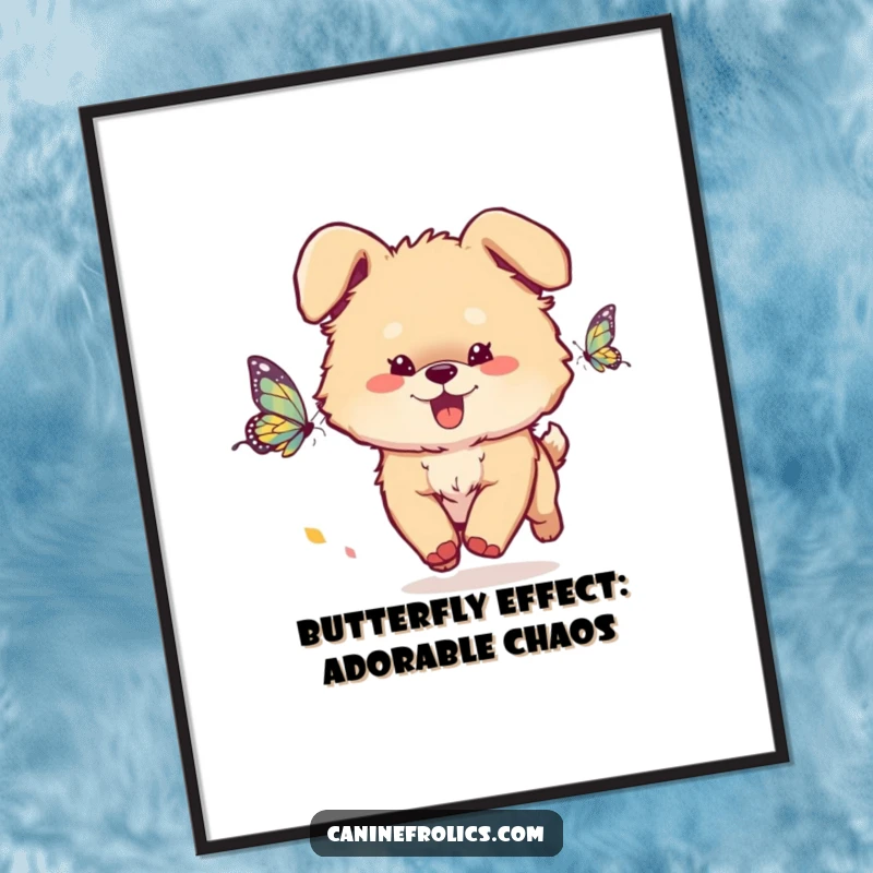 Funny Free Printable Wall Art: Fluffy dog energetically chasing a butterfly, ears flopping gleefully.