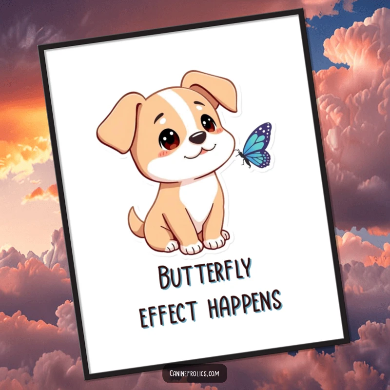 Funny Free Printable Wall Art: A dog with adorably flopped ears stares with fascination at a small, colorful butterfly.