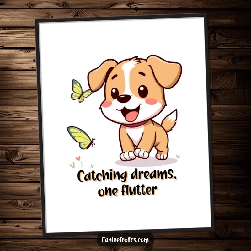Funny Free Printable Wall Art: A dog character happily chasing a fluttering butterfly, capturing outdoor joy in downloadable art.