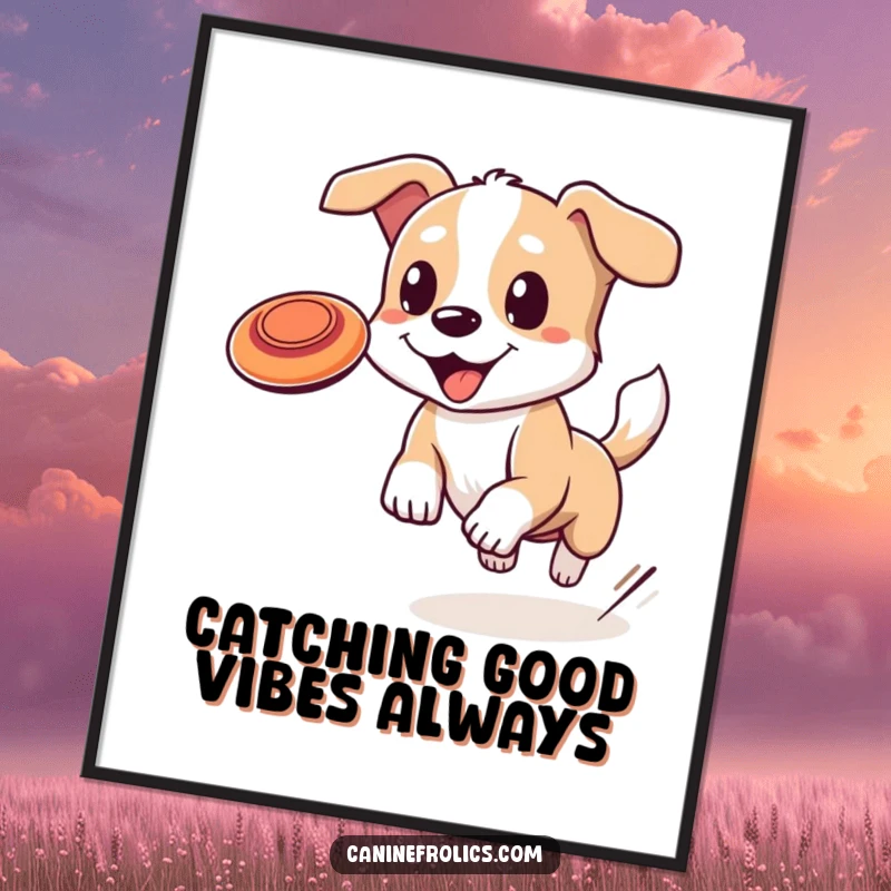 Funny Free Printable Wall Art: Dynamic dog leaping high, mid-air, chasing a frisbee with an excited, happy expression.