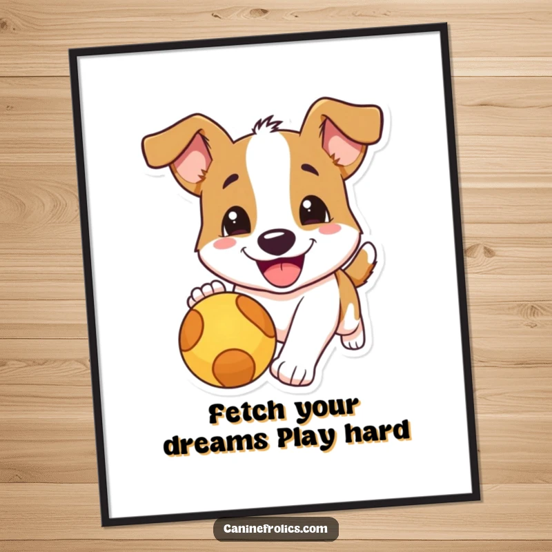 Funny Free Printable Wall Art of a dog with an enormous, happy smile, in hot pursuit of a flying ball.