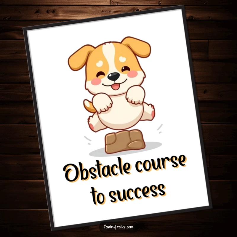 Funny Free Printable Wall Art: A dynamic dog captured in mid-air, leaping over a tiny obstacle with pure, unadulterated joy.