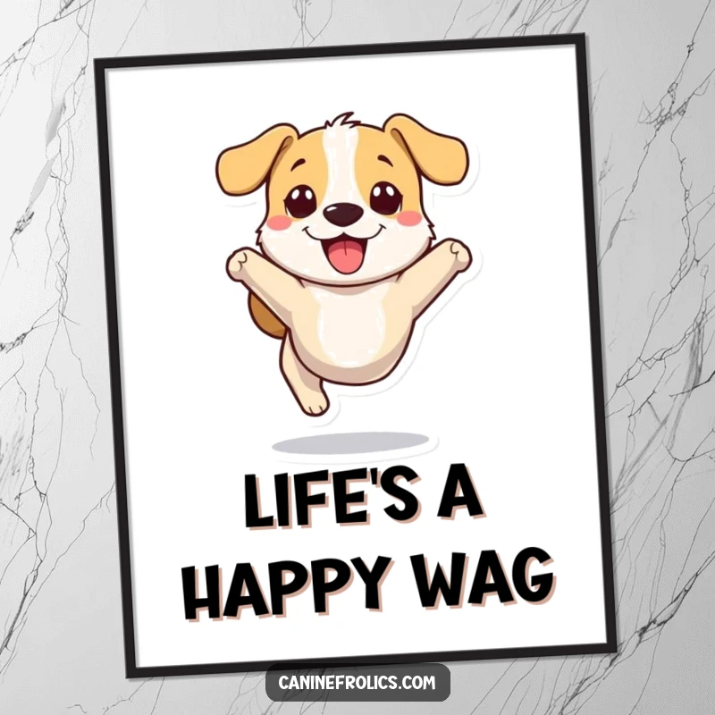 Funny Free Printable Wall Art of a small, stylized dog character joyfully bounding mid-air, radiating energy and pure happiness.