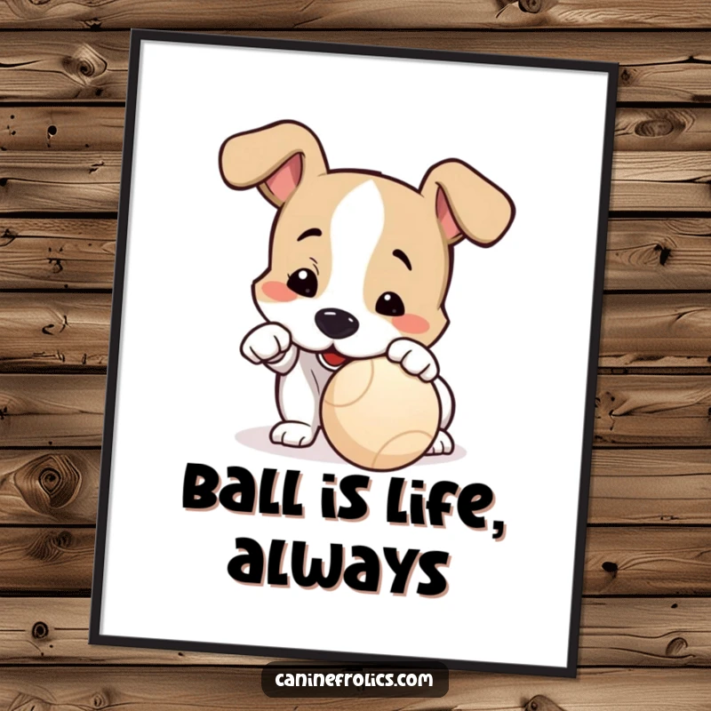 Funny Free Printable Wall Art: A dog playfully nudging a ball with its nose, eyes sparkling with anticipation.