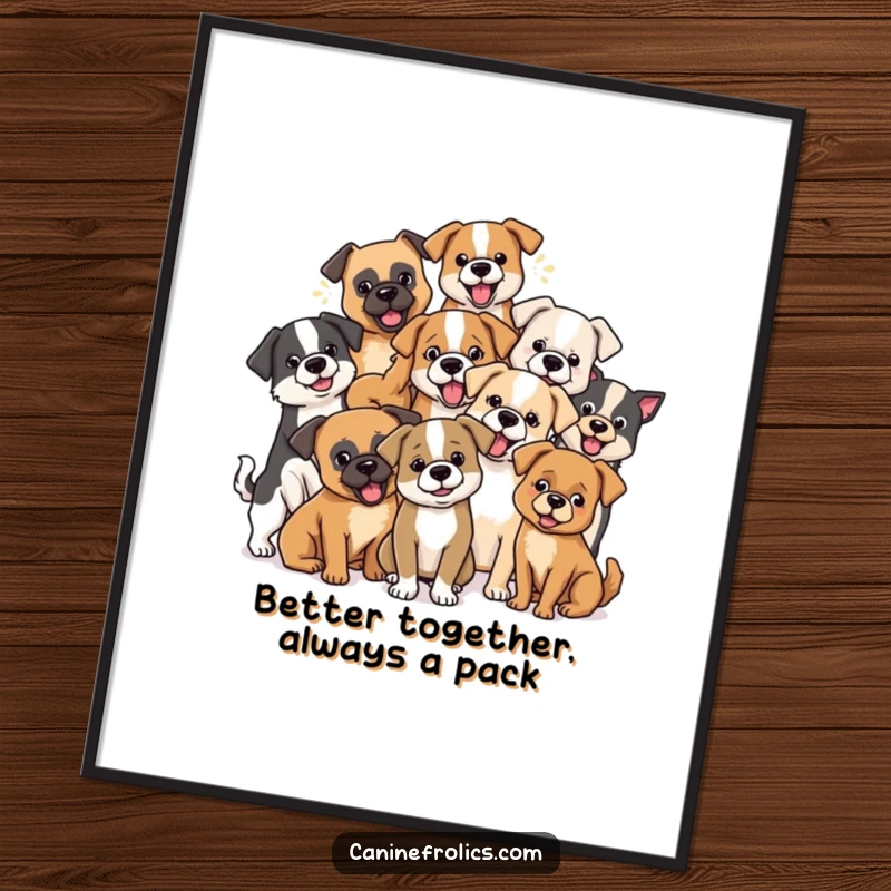 Funny Free Printable Wall Art showcases a diverse group of dog breeds playfully interacting, creating a scene of joyful camaraderie.