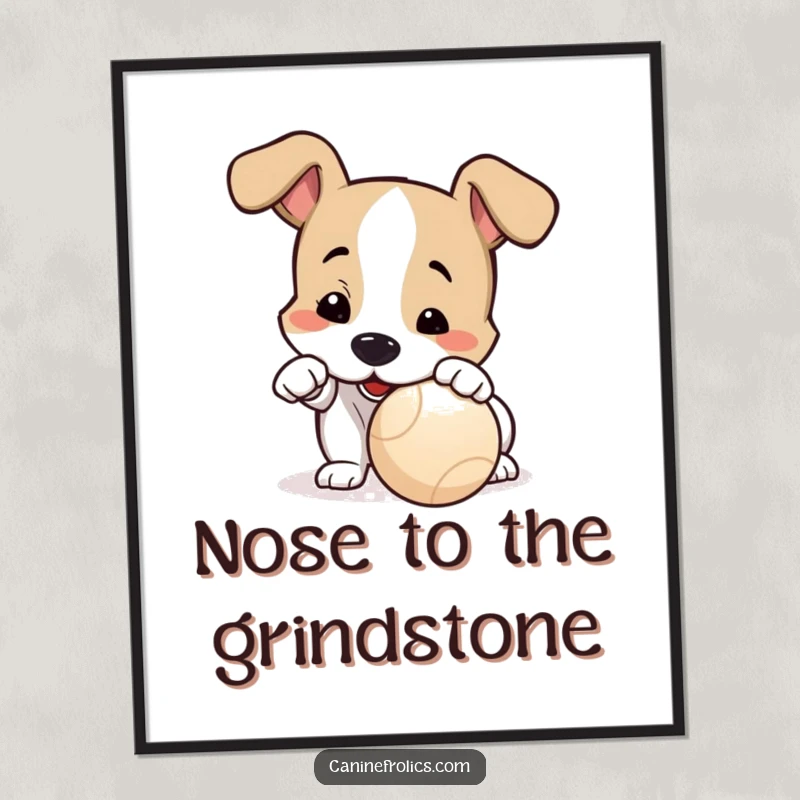 Funny free printable wall art of a dog intently nudging a ball with its nose, looking eager to start playing.