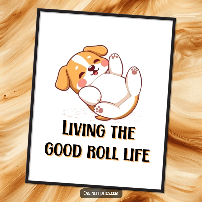 Funny free printable wall art depicting a dog rolling blissfully on its back, batting its paws playfully at the air.