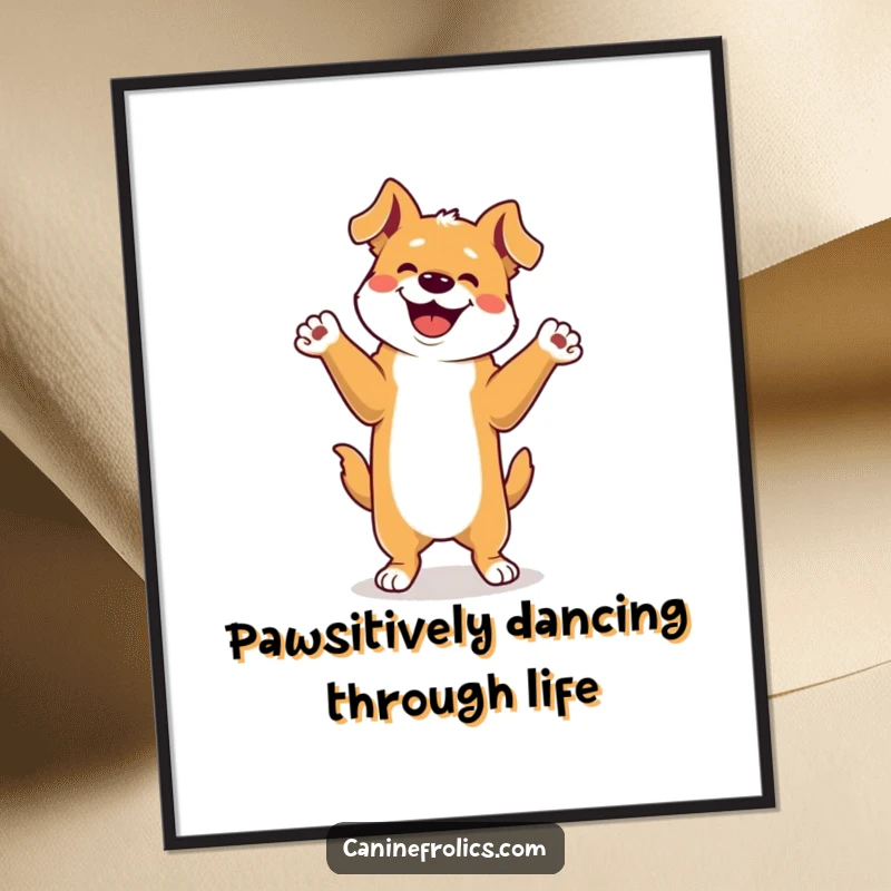 Funny free printable wall art of a dog doing an enthusiastic happy dance on its hind legs, paws in the air.