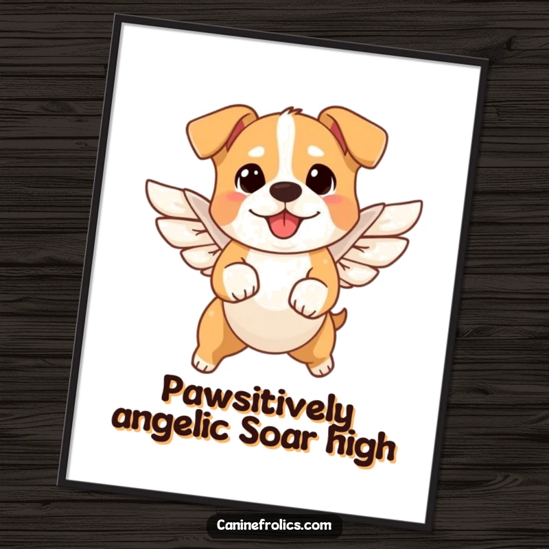 Funny Free Printable Wall Art of a small dog with delicate wings, captured in a dynamic, joyful leap against a simple background.