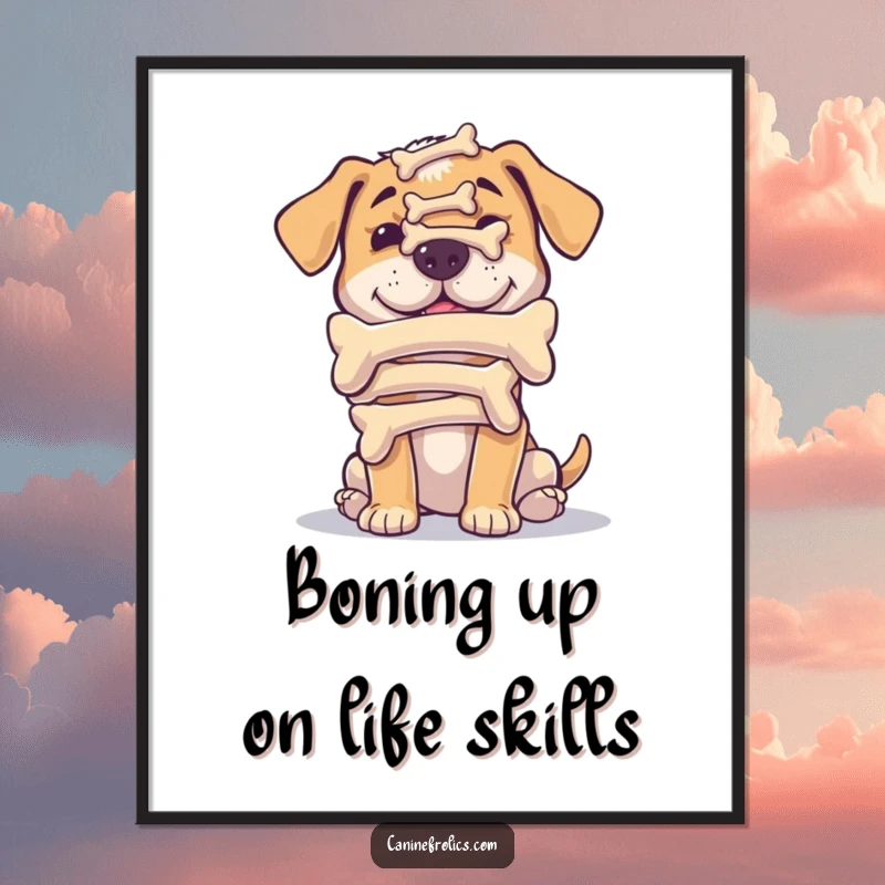 Funny Free Printable Wall Art: A dog intensely focused on balancing a precarious stack of delicious bones upon its nose.