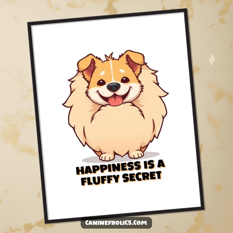 Funny Free Printable Wall Art: A dog's comical, oversized grin peeking out from behind its ginormous, fluffy tail.