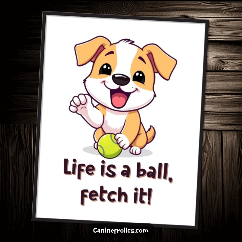 Funny Free Printable Wall Art: Dog with an excited yip playfully nudging a tennis ball, ready for a game.