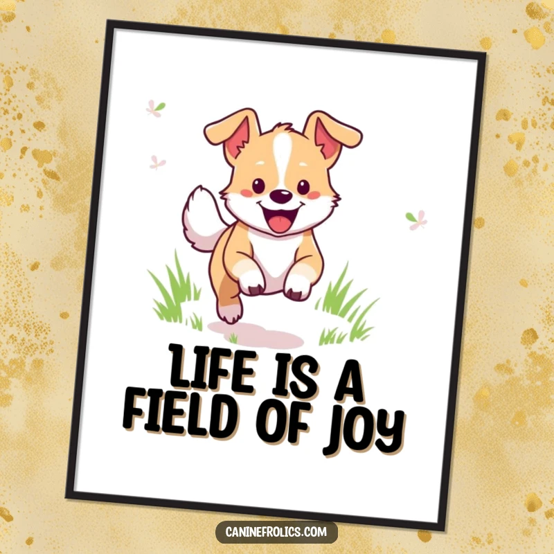 Funny Free Printable Wall Art: A dog character joyfully bounding through a vibrant green grassy field, perfect for downloadable decor.