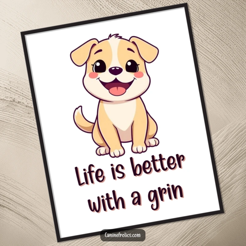Funny Free Printable Wall Art of a cute dog with a massive grin and a wildly wagging tail, radiating pure joy.