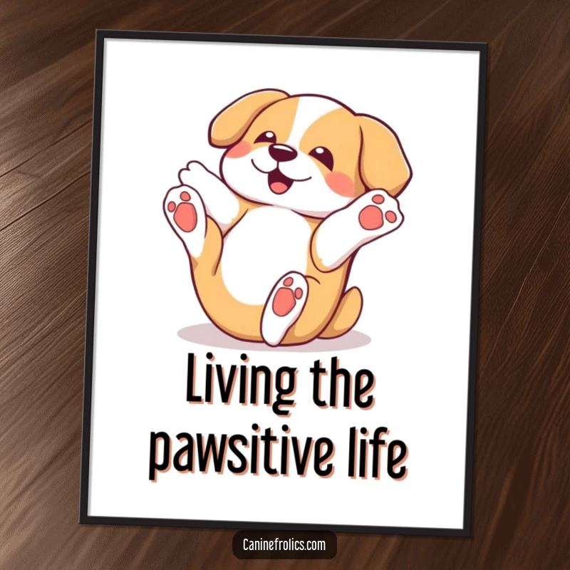Funny Free Printable Wall Art: A dog rolls gleefully on its back, legs and paws flailing joyfully in the air.