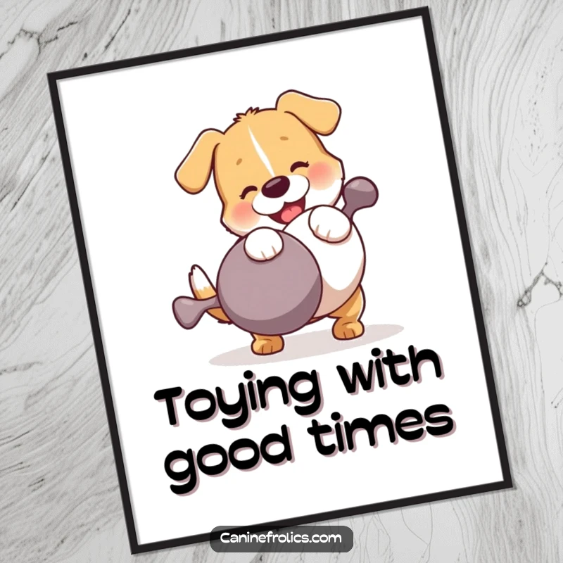 Funny free printable wall art featuring a dog hilariously wrestling a comically large squeaky toy, full of energy.