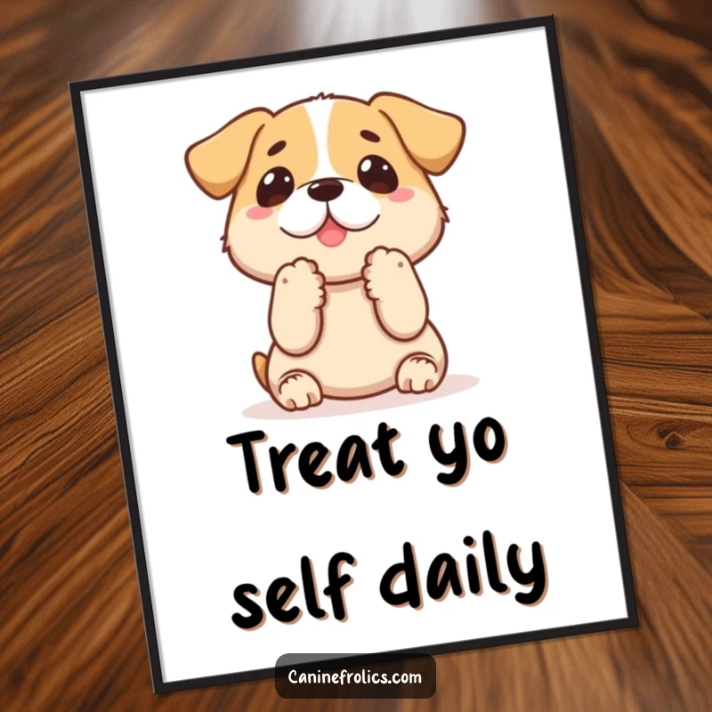 Funny Free Printable Wall Art: Adorable dog sitting attentively, paws held up, eyes wide with anticipation for a tasty treat.