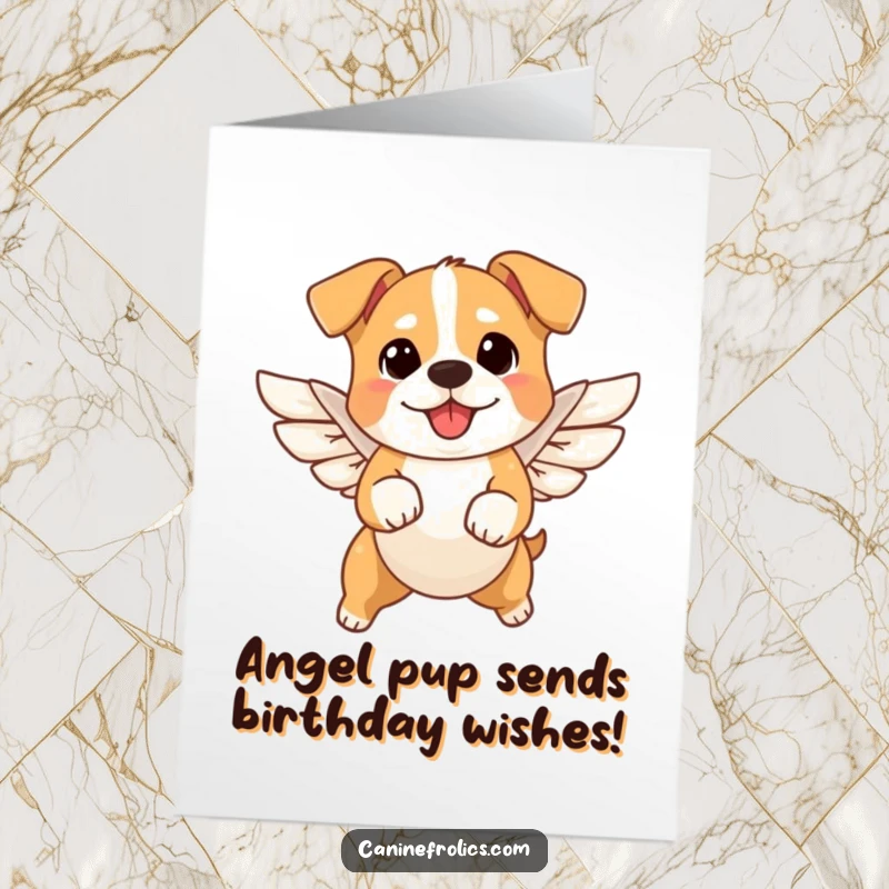 Funny Free Printable Birthday Card featuring a happy dog with tiny wings, joyfully leaping mid-air, ready to deliver wishes.