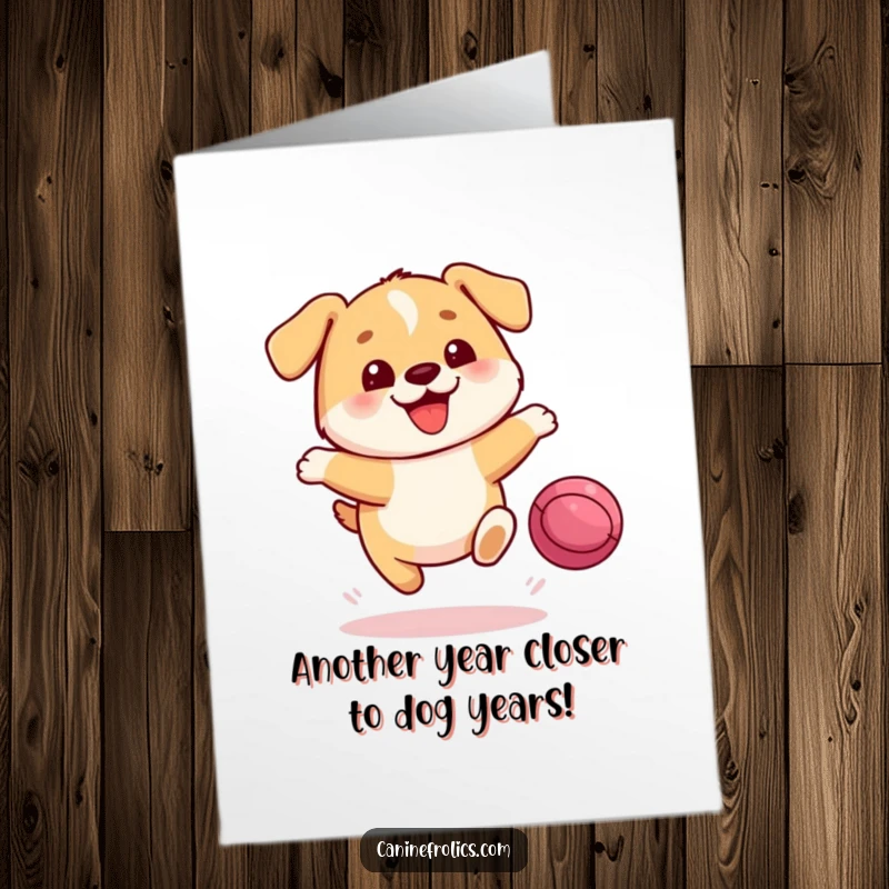 Funny Free Printable Birthday Card: Round, happy dog leaping mid-air, eyes locked on a bouncing ball.