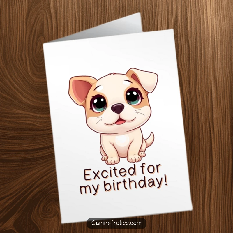 Funny Free Printable Birthday Card: A dog with huge, innocent eyes looking up with overflowing excitement for a birthday.