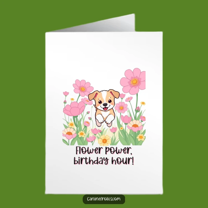 Free Printable Birthday Card: Funny Puppy Flower Field Dog for a Joyful Celebration!
