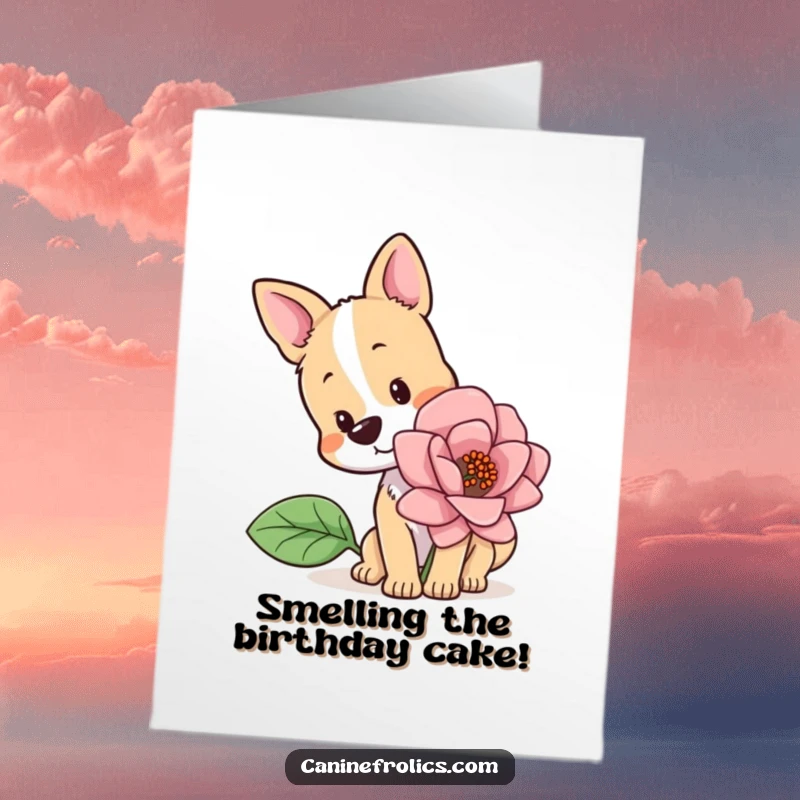 Funny Free Printable Birthday Card with a dog tilting its head curiously, sniffing a ridiculously large flower.