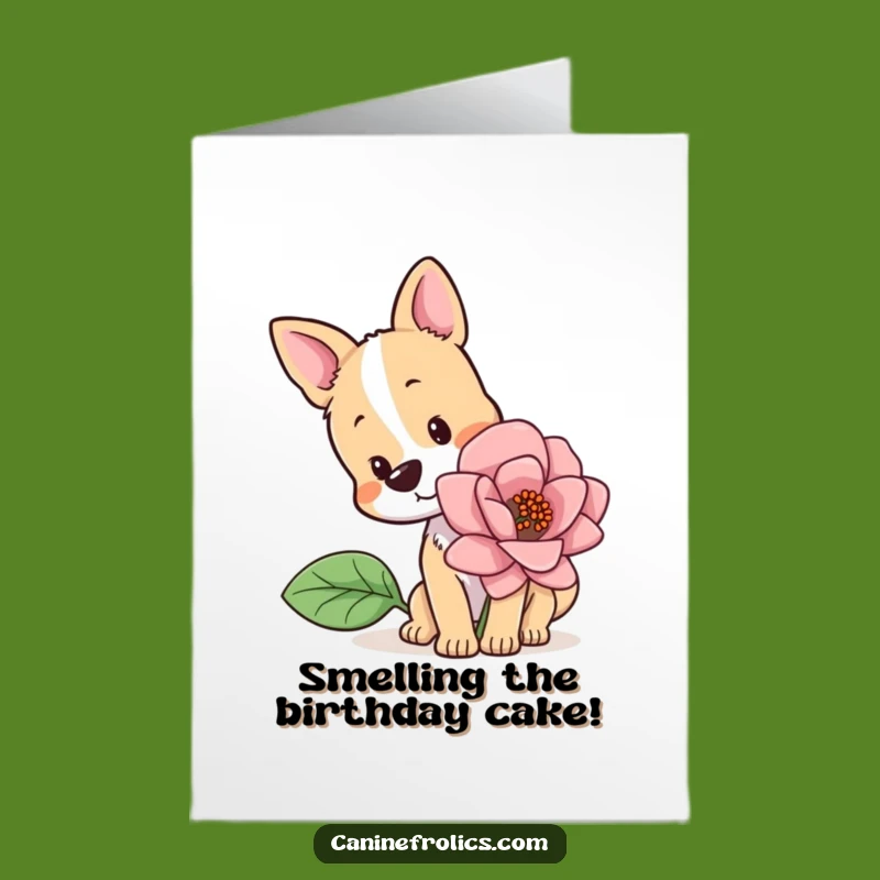 Free Printable Birthday Card: Curious Dog Sniffing Flower, Funny Downloadable Gift for Nature Lovers