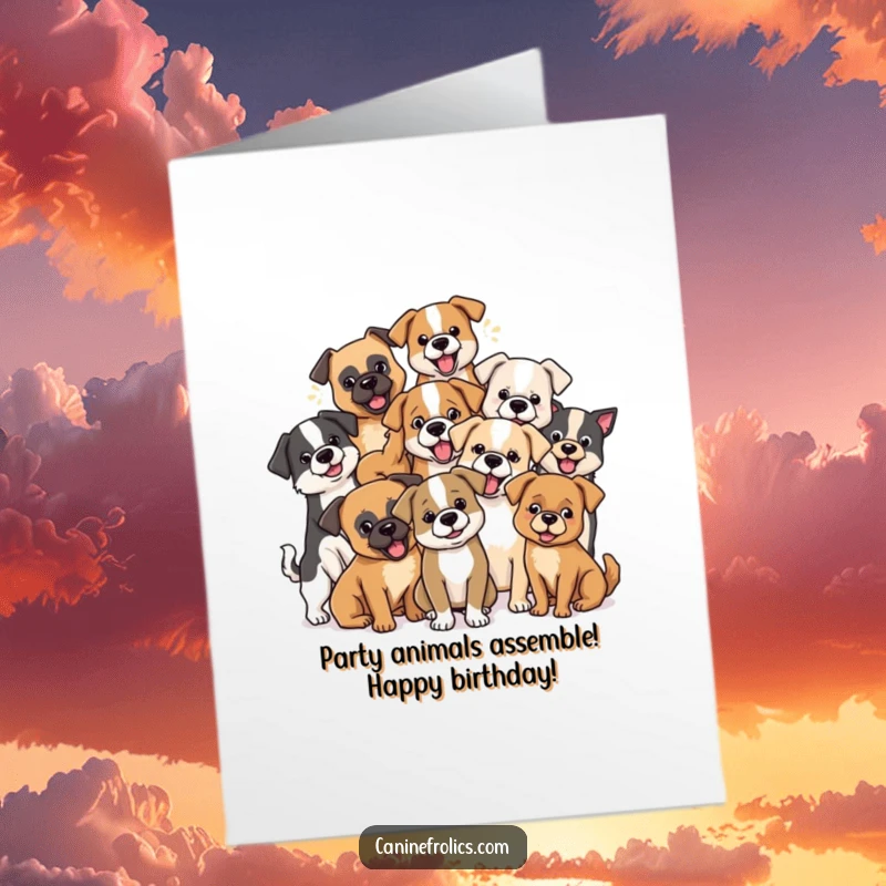 Funny Free Printable Birthday Card showing a delightful group of diverse dog breeds playfully interacting and celebrating together.