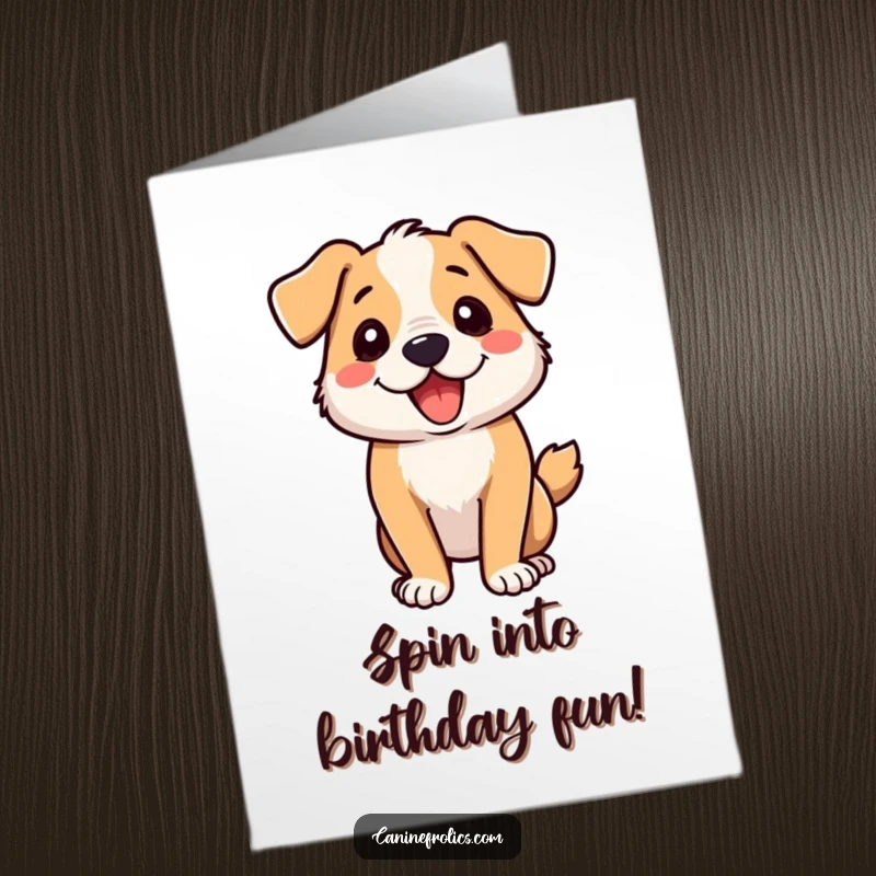 Funny Free Printable Birthday Card: Dog spinning in a circle, legs blurred, happy expression, confetti falling.