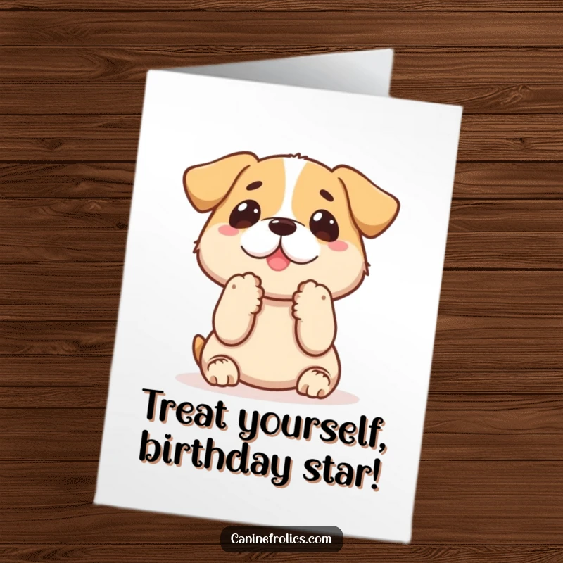 Funny Free Printable Birthday Card: Adorable dog sitting, paws up, gazing longingly at an unseen treat with hopeful eyes.