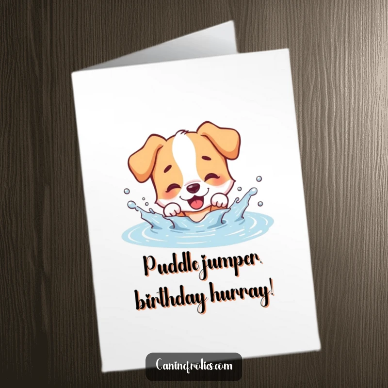 Funny Free Printable Birthday Card: A happy dog joyfully splashing in a muddy puddle, perfect for a festive download.