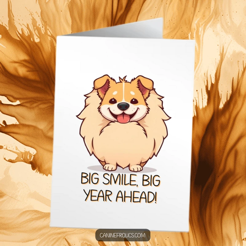 Funny Free Printable Birthday Card: Dog's enormous happy smile peeking from behind its massive, fluffy tail, pure joy.