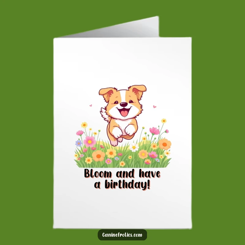 Free Printable Birthday Card: Joyful Dog in Flowers, Happy Downloadable Greeting for Nature Lovers