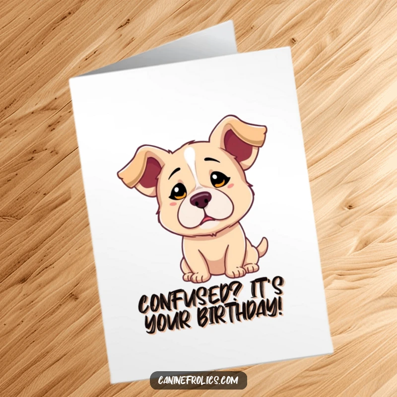 Funny Free Printable Birthday Card: A dog with comically floppy ears tilting its head, looking playfully confused and endearingly puzzled.