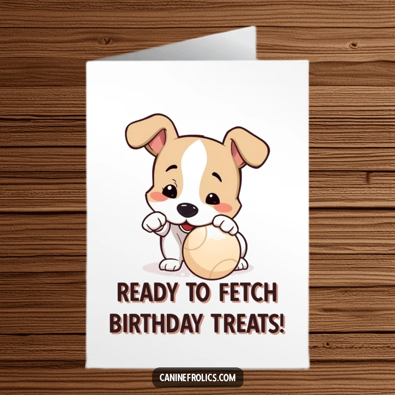 Funny free printable birthday card featuring a dog eagerly nudging a ball with its nose, ready to play.