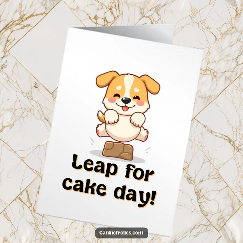 Funny Free Printable Birthday Card: Energetic dog joyfully leaping over an obstacle with paws extended, ready to celebrate.