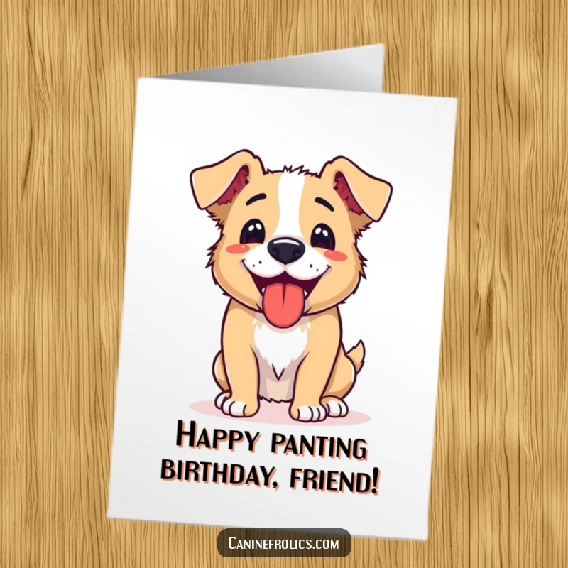 Funny Free Printable Birthday Card: A lovable dog panting happily, tongue out, after a vigorous and fun activity, looking content.