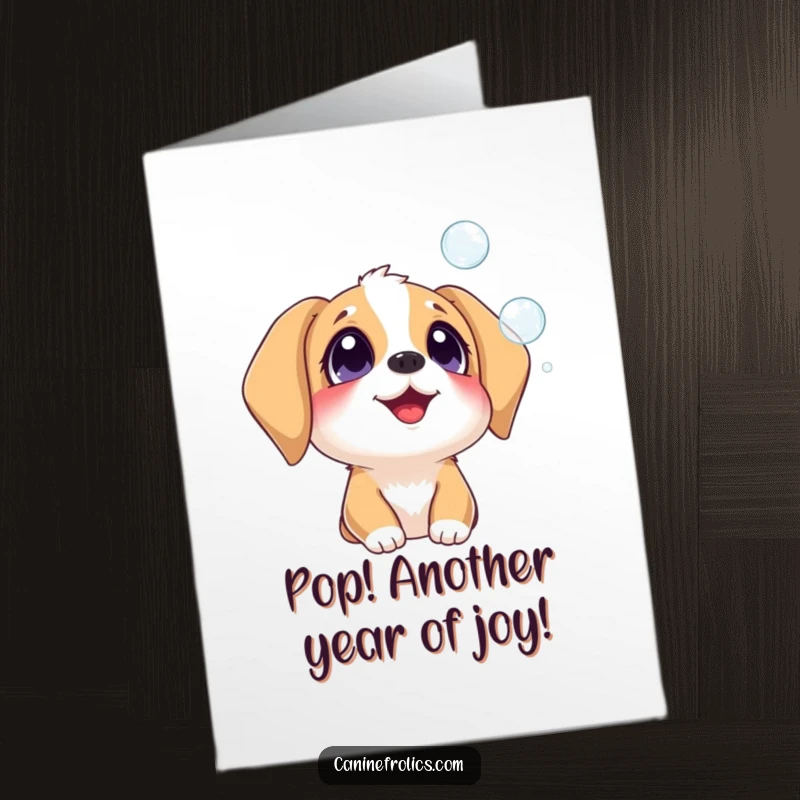 Funny Free Printable Birthday Card: A dog with wide, delighted eyes watches colorful bubbles float past.
