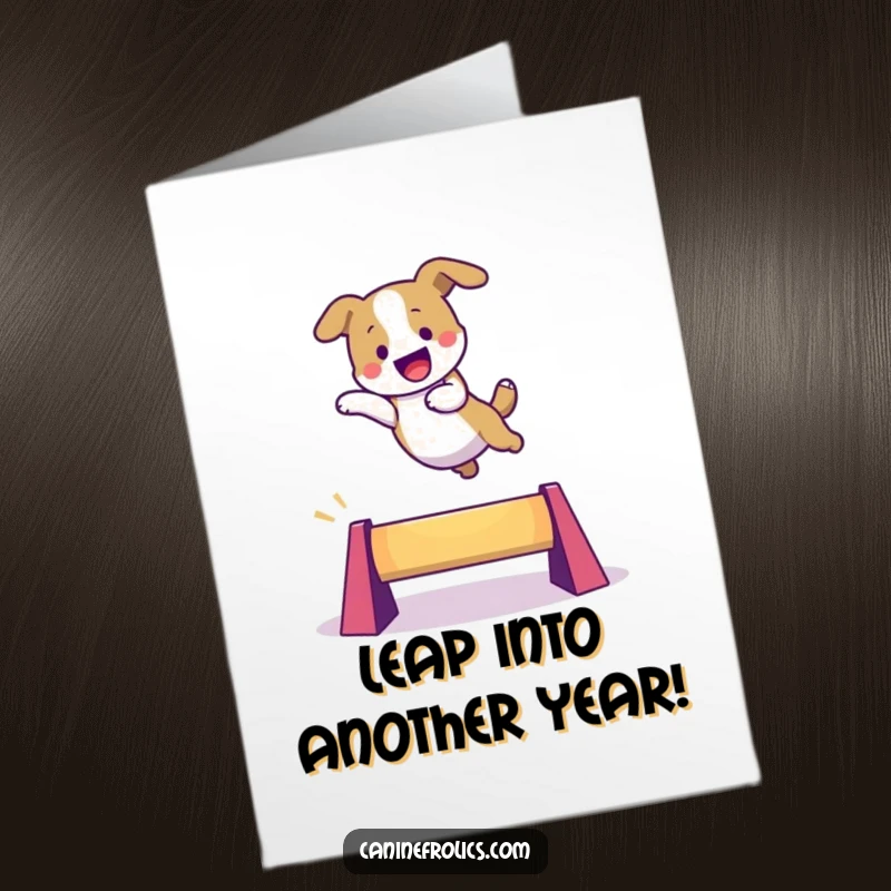 Funny Free Printable Birthday Card: A dog with determined focus leaps energetically over a brightly colored obstacle.