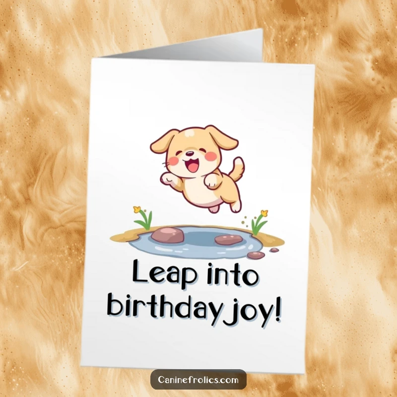 Funny Free Printable Birthday Card: Dog mid-leap over a puddle, spraying water, happy expression, celebrating.