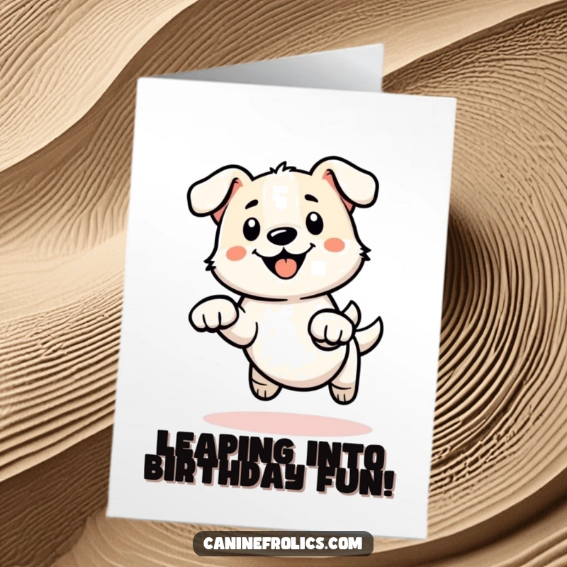 Funny Free Printable Birthday Card: A dog's outline in mid-leap, paws energetically reaching out with joy.