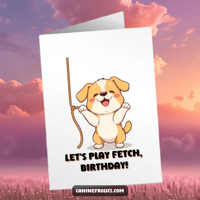 Funny Free Printable Birthday Card: Energetic dog playfully bats at a dangling rope, perfect for a fun DIY gift.
