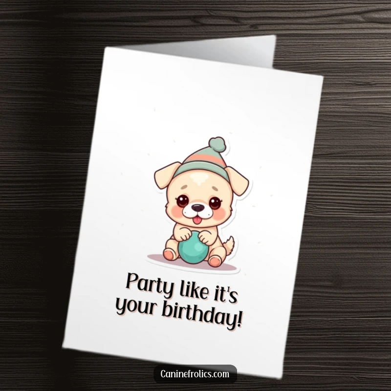 Funny Free Printable Birthday Card: Cute dog wearing a small party hat, happily chewing on a squeaky toy, looking playful.