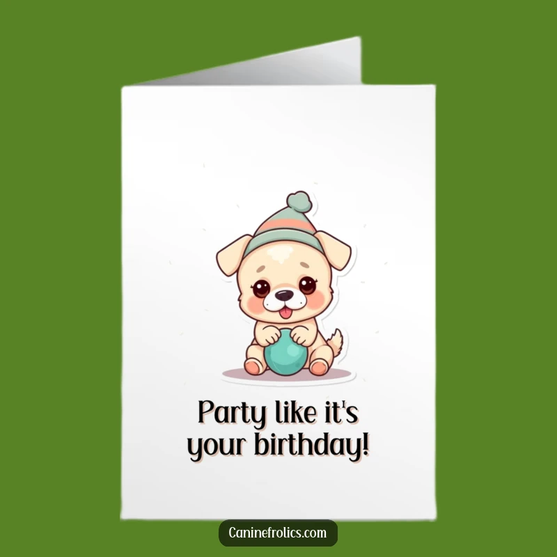 Free Printable Birthday Card: Silly Dog in Hat with Toy, Hilarious Downloadable Greeting for Fun Celebrations