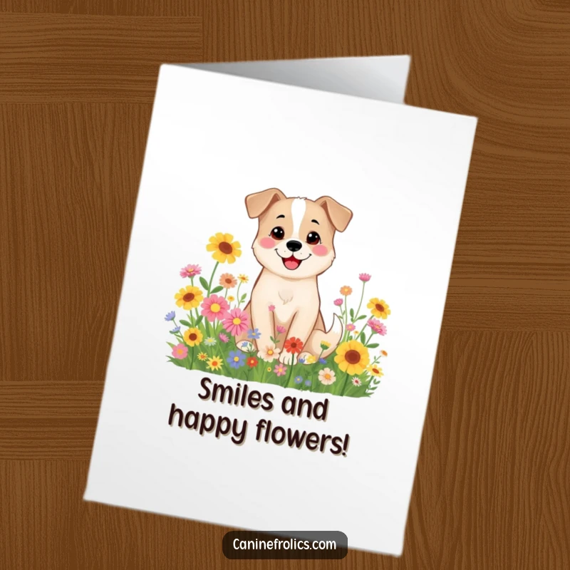 Funny Free Printable Birthday Card: A smiling dog sits peacefully amongst colorful wildflowers, embodying birthday joy for a downloadable gift.