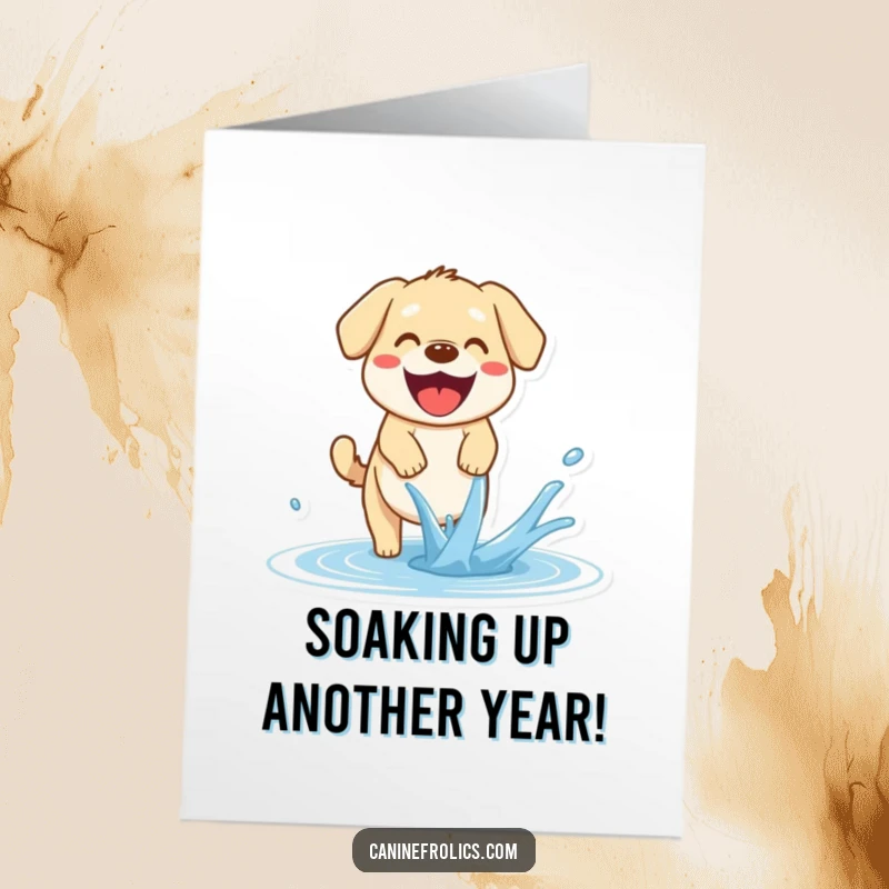 Funny Free Printable Birthday Card: Dog with a happy pant intently trying to catch a stream of water.